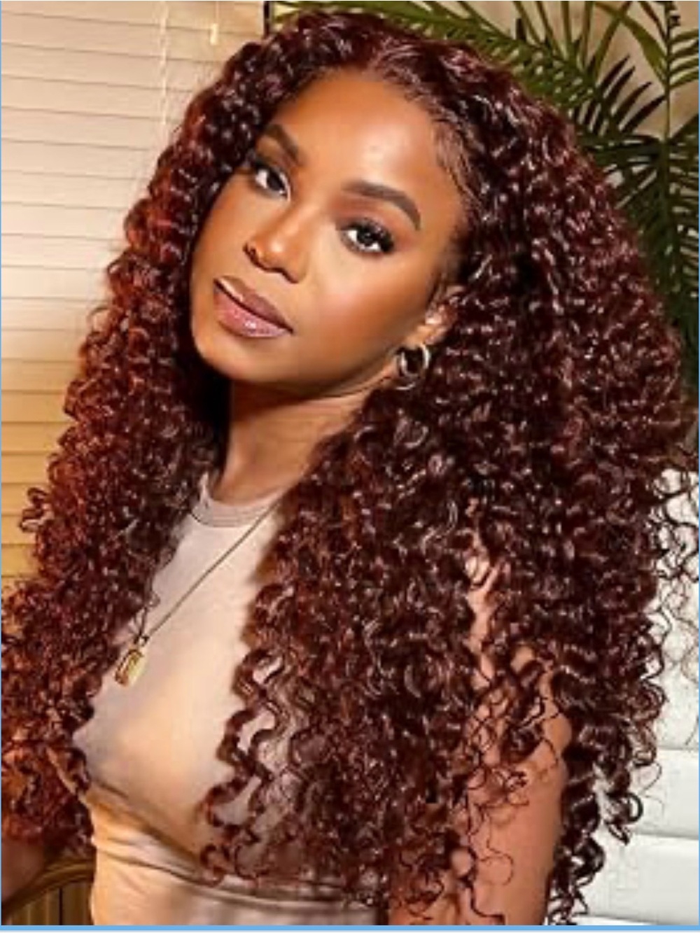 24” Reddish Brown Burmese Curly Human Hair Wig with Finger Coil Ends